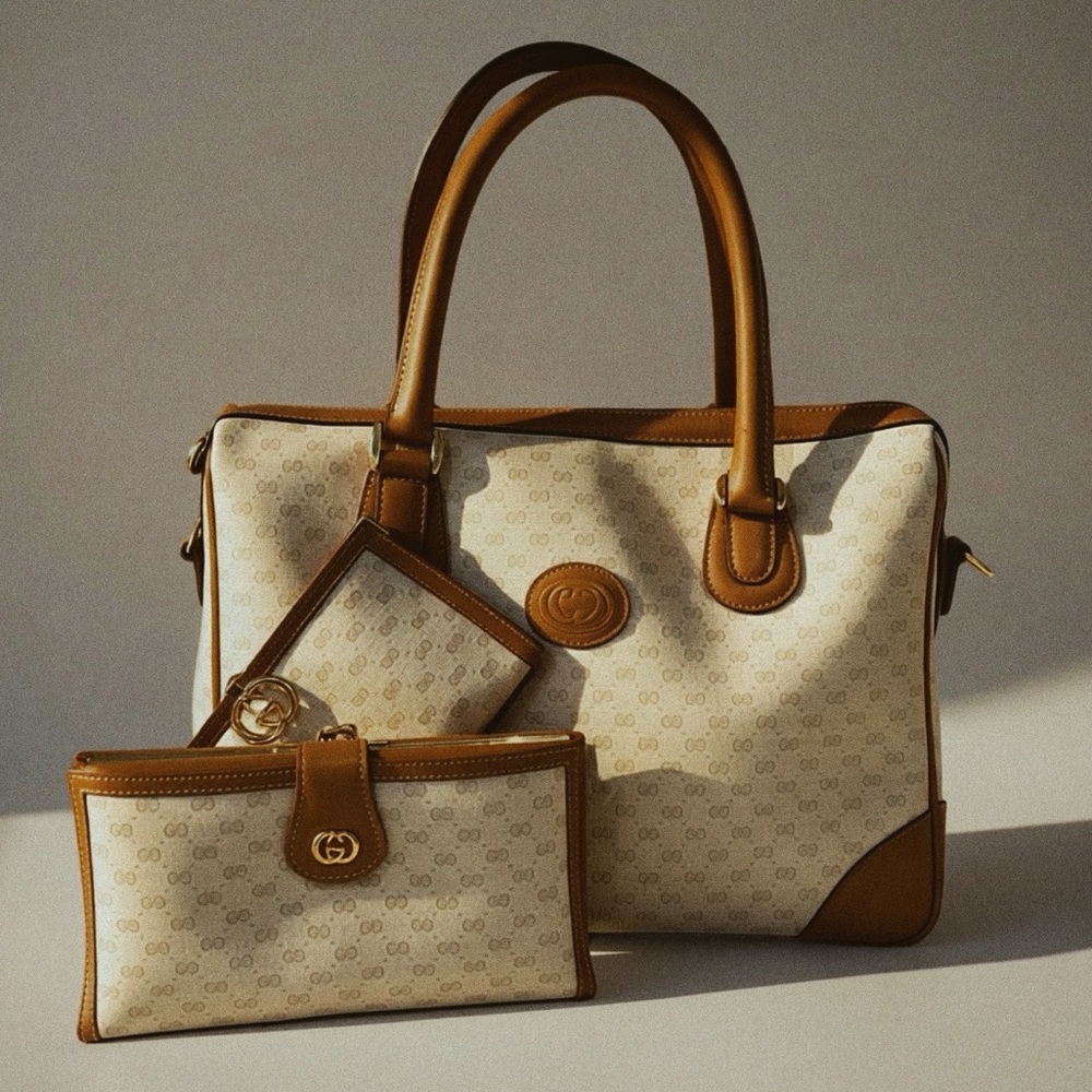 Gucci Beige and Brown Logo Canvas Tote with Matching Wallet
